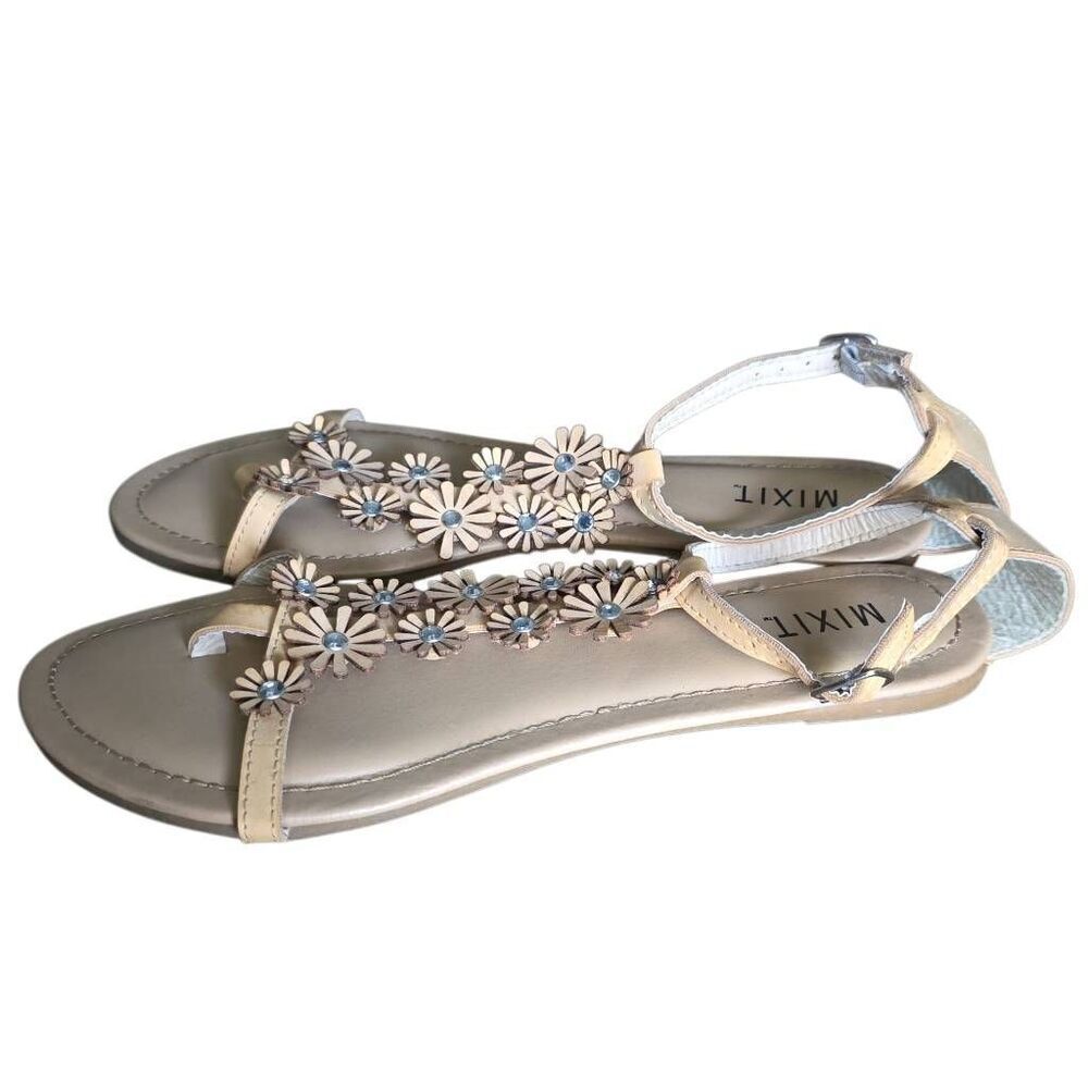 Mixit Women's Size 7 Tan Rhinestone Studded Daisy T-Strap Sandals